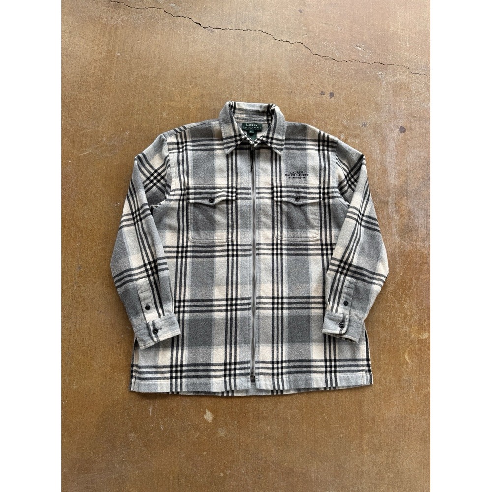 Polo Ralph Lauren Plaid Cotton Checkered Zip Up Coat Jacket Gray Womens Petite M